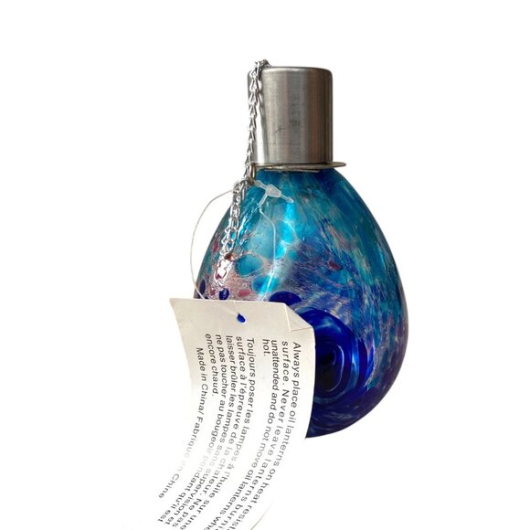 Hand Blown Art Glass Oil Lamp Blue & Purple Swirl with Silver Cap - Picture 7 of 9